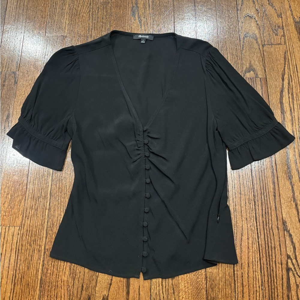 Madewell Black Ruched V-Neck Button Blouse